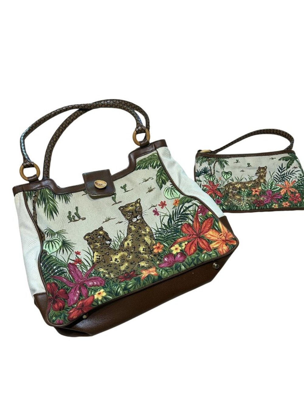 Jungle Print Canvas & Faux Leather Tote Bag + Wristlet Set Leopard & Tropical Fl